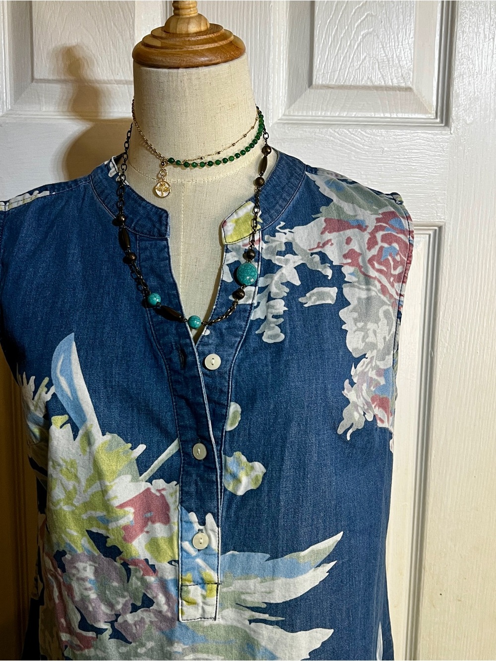 Denim&Co Wms Blue Cotton Stretch Floral Sleeveless Preppy Casual Summer Dress S - Picture 5 of 13